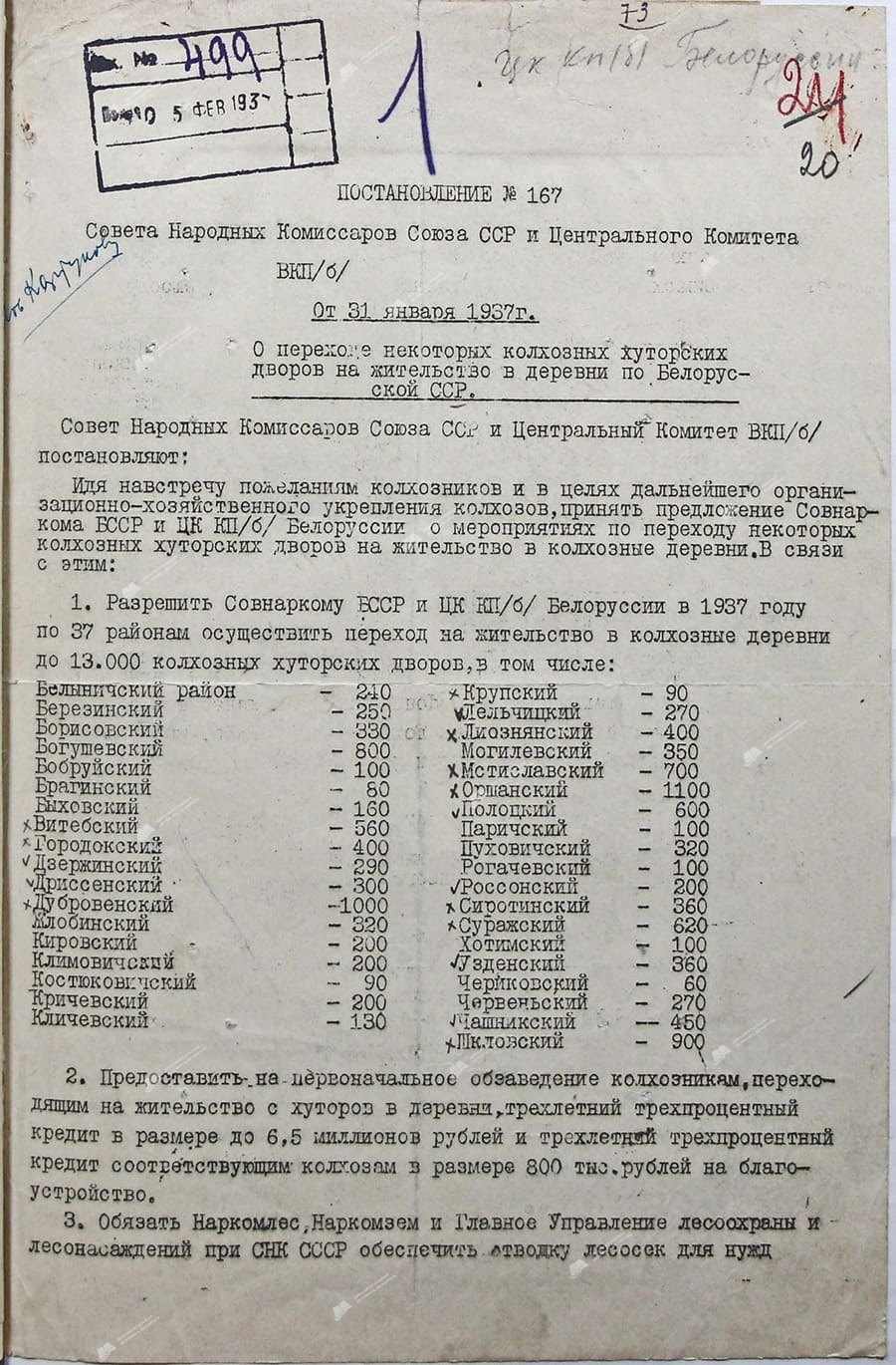 Постановление №167 Совета Народных Комиссаров Союза ССР и Центрального Комитета ВКП(б) от 31 января 1937 г. «О переходе некоторых колхозных хуторскирх дворов на жительство в деревни по Белорусской ССР»-стр. 0