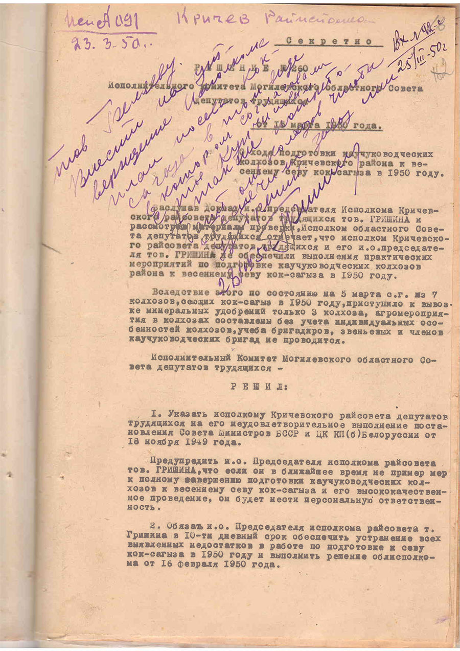 Решение № 260 Исполнительного Комитета Могилевского областного Совета депутатов трудящихся «О ходе подготовки каучуководческих колхозов Кричевского района к весеннему севу кок-сагыза в 1950 году»-стр. 0