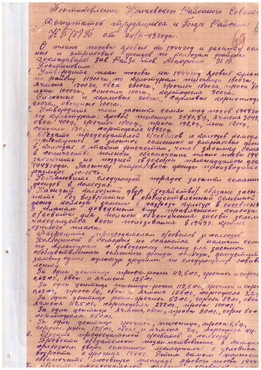 Resolution of the Krichevsky District Council of Workers' Deputies and the Bureau of the District Committee of the Communist Party of the Bolsheviks of Belarus «On the plan for sowing spring crops for 1944 and the filling of seed and insurance funds for collective farms in the region»-стр. 0