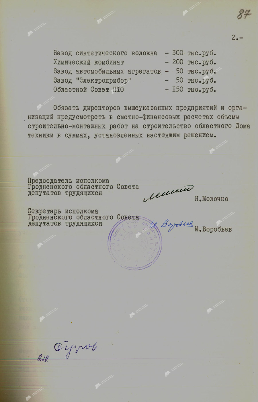 Решение № 346 исполнительного комитета Гродненского областного Совета депутатов трудящихся «О строительстве в г. Гродно областного Дома техники»-стр. 1