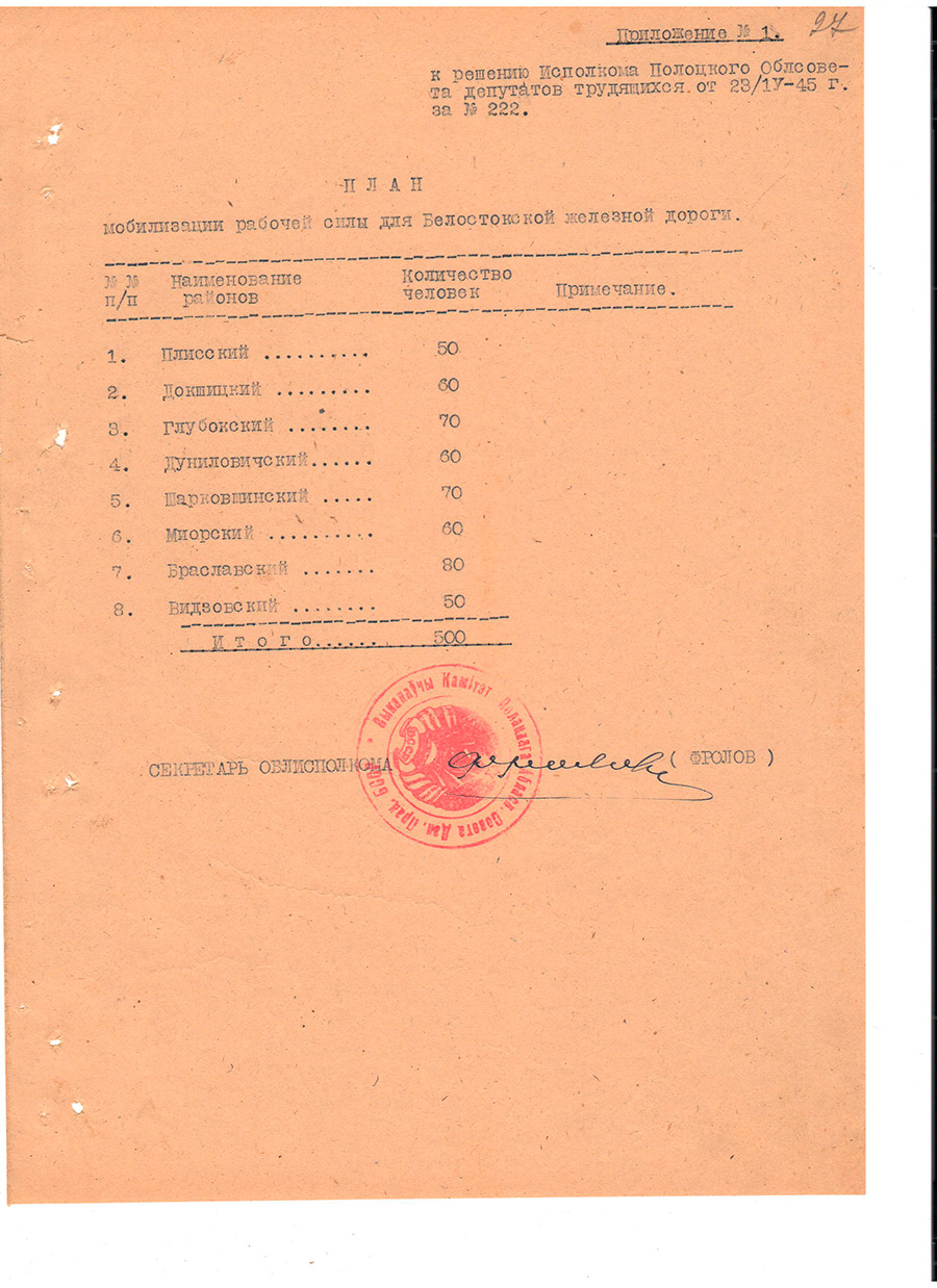 Протокол № 12 заседания Исполнительного комитета Полоцкого областного Совета депутатов трудящихся и его исполнительного комитета [Решение № 222 «О мобилизации рабочей силы для Белостокской железной дороги»]-стр. 24