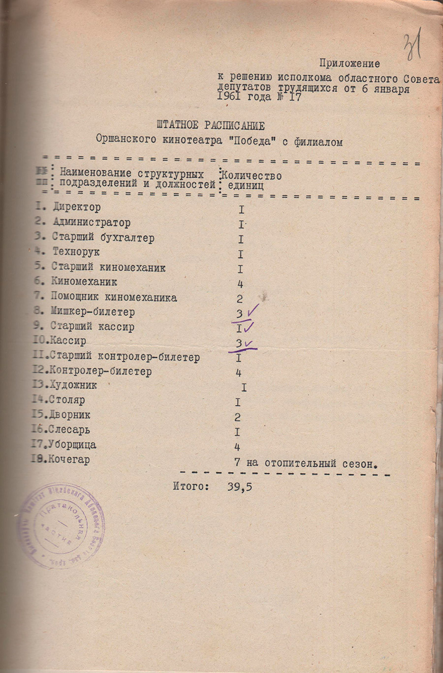 Решение № 17 Исполнительного комитета Витебского областного Совета депутатов трудящихся «Об открытии кинотеатра «Победа» в г. Орше»-стр. 1