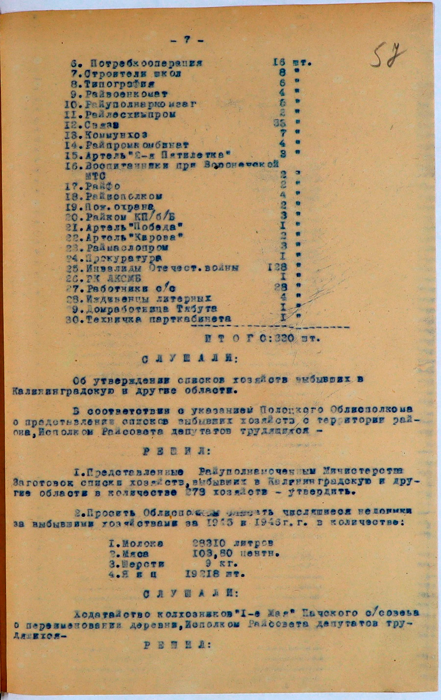 Протокол № 4 заседания Исполнительного комитета Ветринского районного Совета депутатов трудящихся «Об утверждении строительства домов населению особо пострадавшему от немецкой оккупации за счет государства»-стр. 6