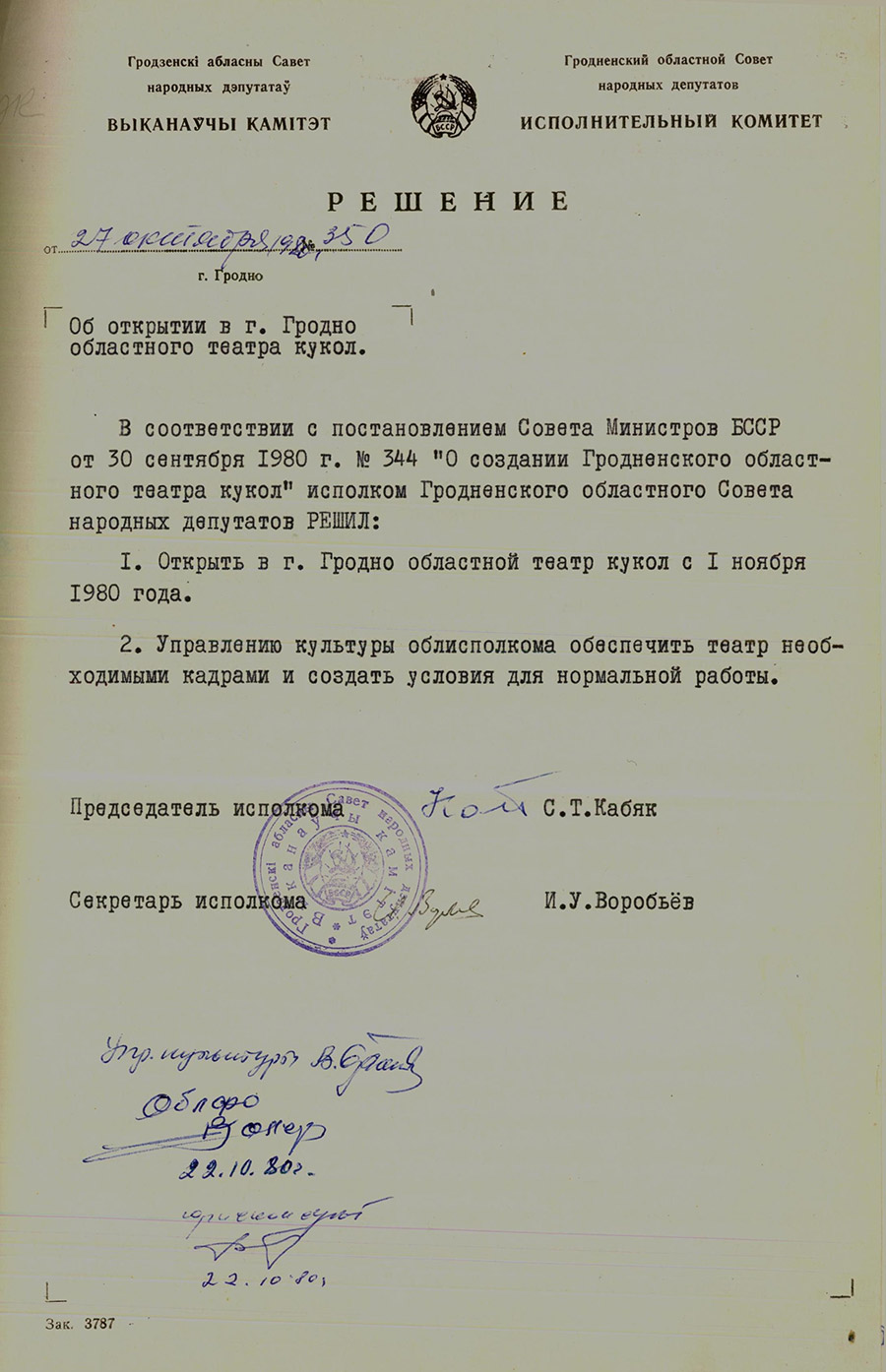 Решение № 350 Исполнительного комитета Гродненского областного Совета народных депутатов «Об открытии в г. Гродно областного театра кукол»-стр. 0