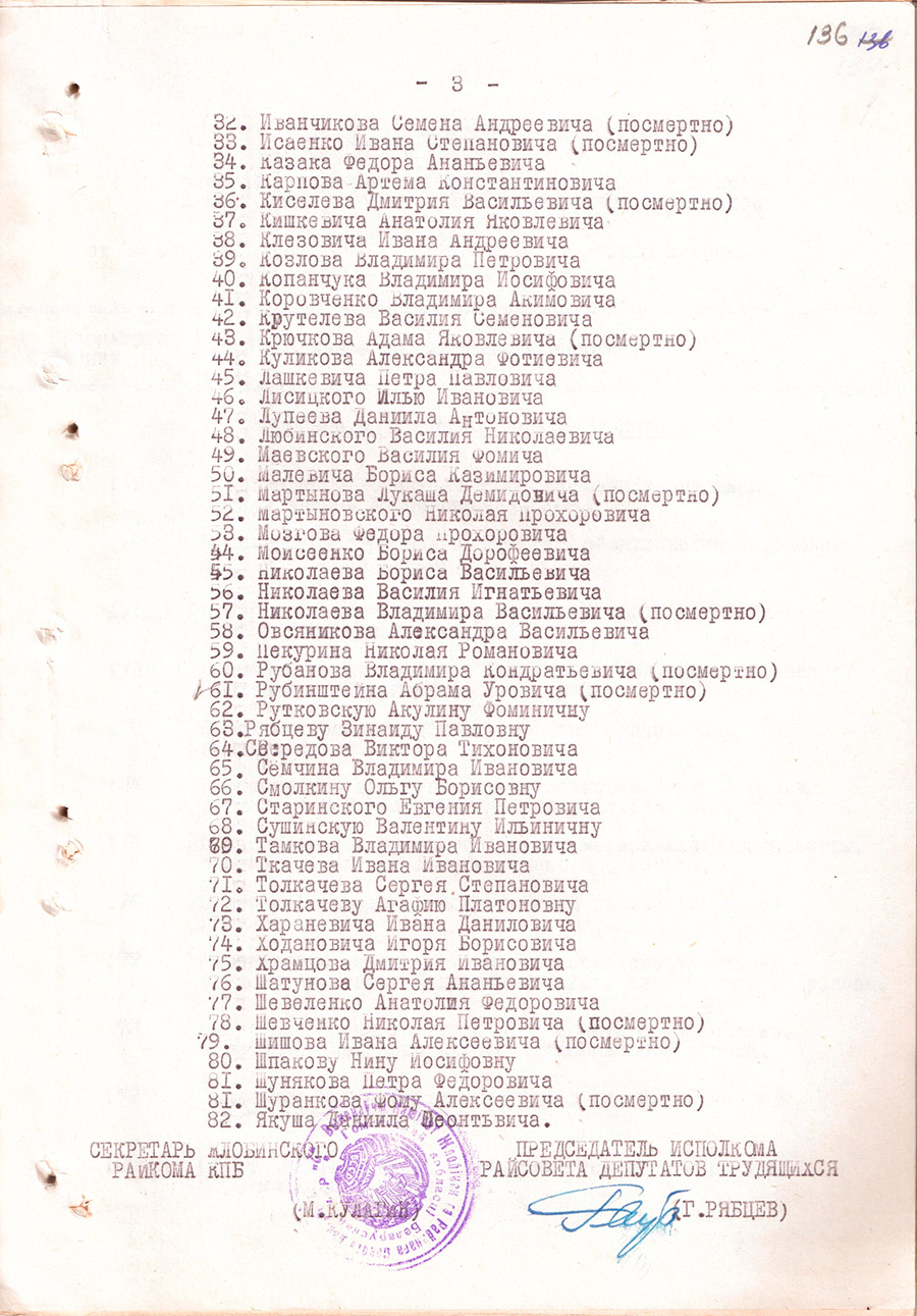 Постановление № 168 бюро Жлобинского районного комитета КПБ и Исполнительного комитета районного Совета депутатов трудящихся «О представлении к награждению медалями «За отвагу» и «За боевые заслуги» участников партизанского движения в период Великой Отечественной войны 1941-1945 гг.»-стр. 2
