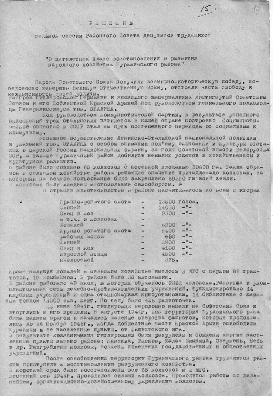 Решение седьмой сессии Рогачевского Совета депутатов трудящихся «О пятилетнем плане восстановлении и развитии народного хозяйства Журавичского района»-стр. 0