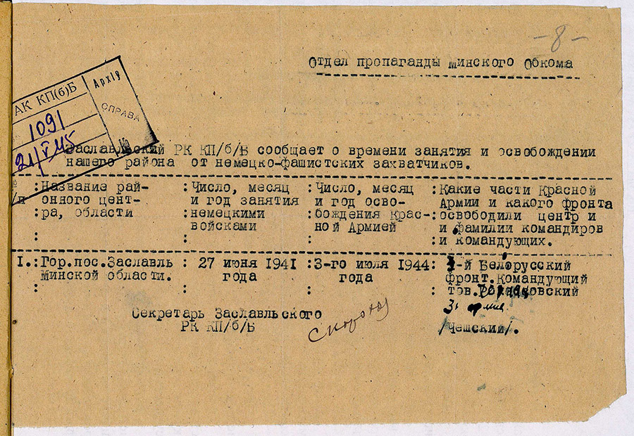 Сведения  Заславльского РК КП(б)Б «О времени захвата немецко-фашистскими захватчиками и освобождения Красной Армией г.п. Заславль Минской области»-стр. 0