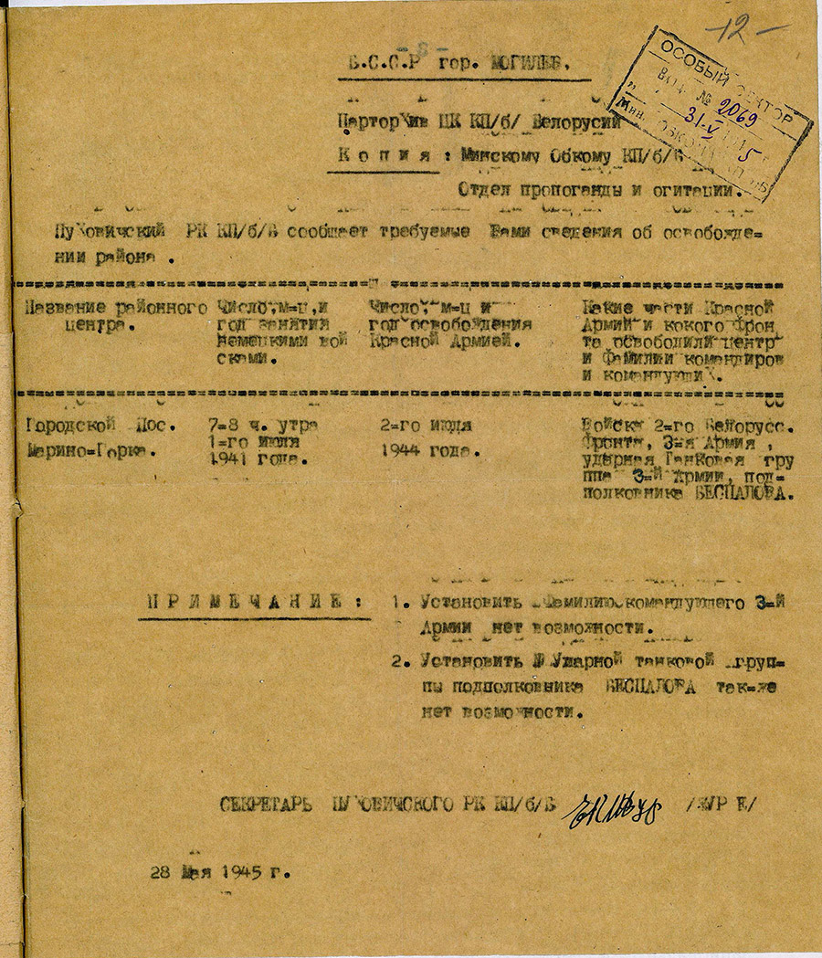 Сведения  Пуховичского РК КП(б)Б «О времени захвата немецко-фашистскими захватчиками и освобождения Красной Армией г.п. Марьина Горка Минской области»-стр. 0