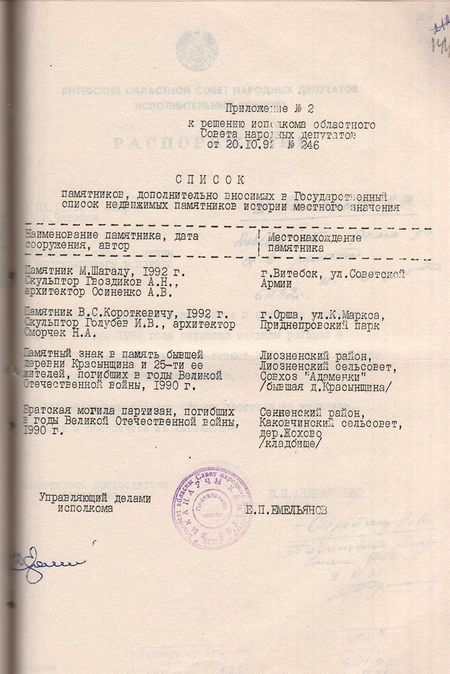 Решение № 246 Исполнительного комитета Витебского областного Совета народных депутатов «О дополнении Государственных списков недвижимых памятников истории и культуры местного значения»-стр. 2