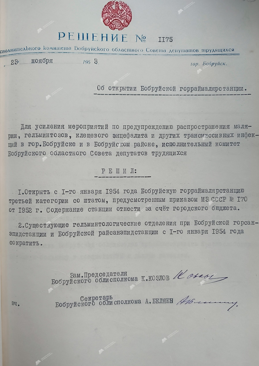 Решение № 1175 Исполнительного комитета Бобруйского областного Совета депутатов трудящихся «Об открытии Бобруйской горраймалярстанции»-стр. 0