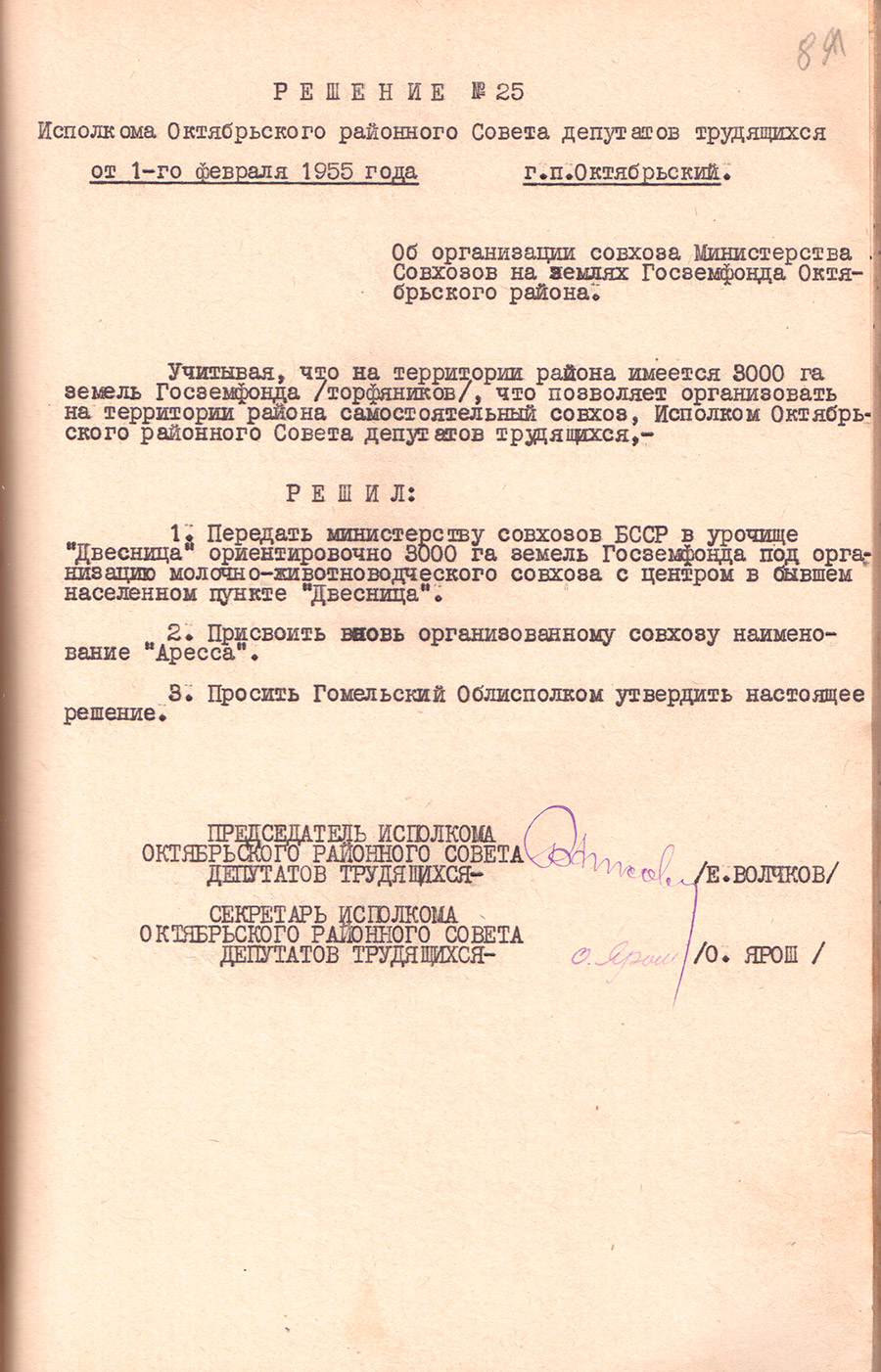 Решение № 25 Исполнительного комитета Октябрьского районного Совета депутатов трудящихся «Об организации совхоза Министерства Совхозов на землях Госземфонда Октябрьского района»-стр. 0