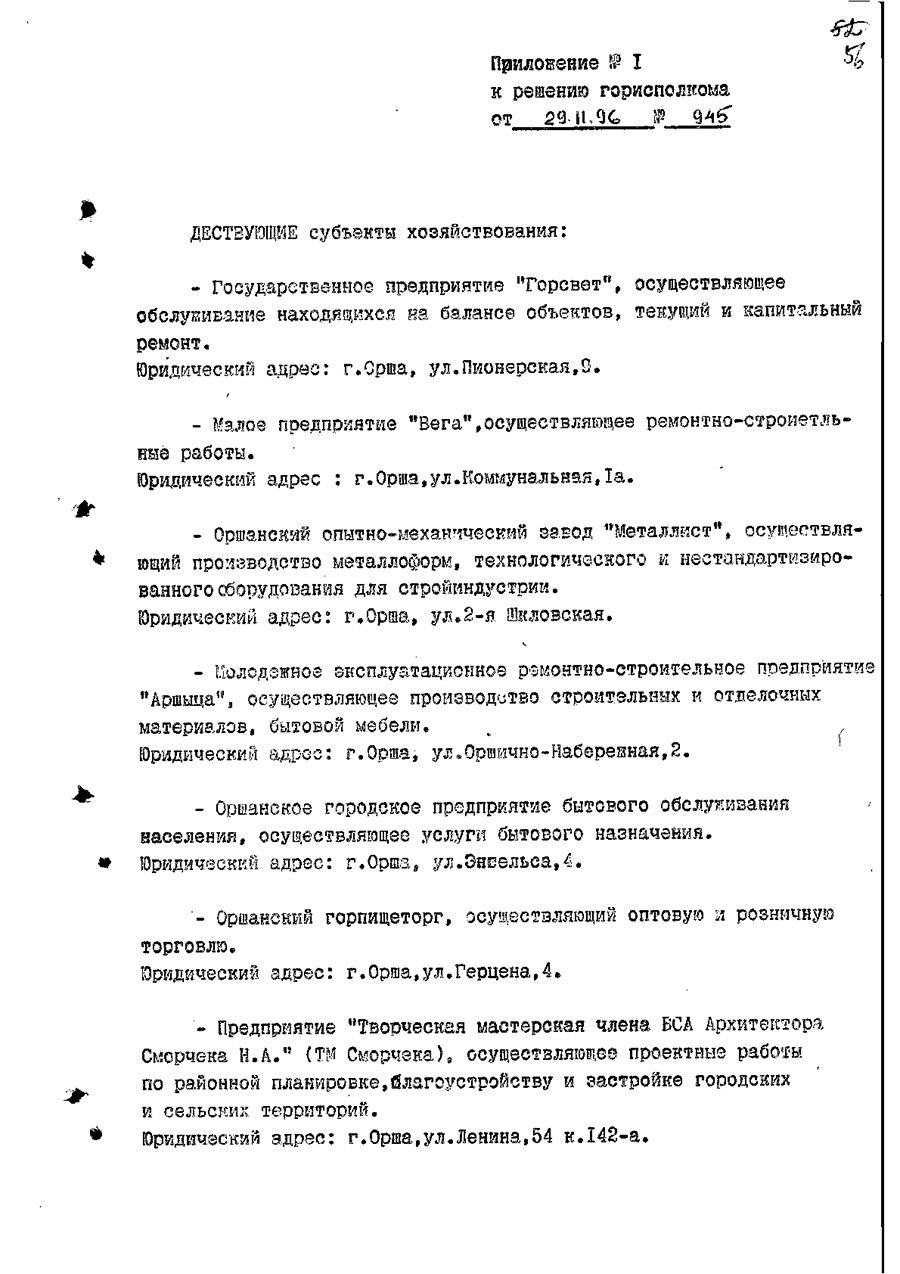 Решение № 945 Оршанского городского Исполнительного комитета Витебской области «О регистрации действующего предприятия «Творческая мастерская члена БСА Архитектора Сморчека Н.А.»-стр. 1