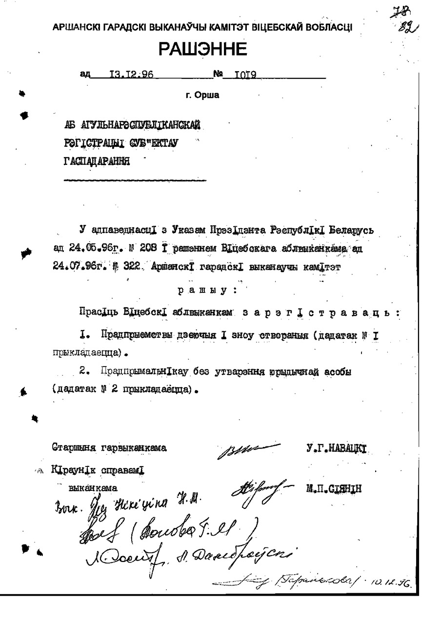 Решение № 1019 Оршанского городского Исполнительного комитета Витебской области «О регистрации действующей Творческой мастерской архитектора М.П. Провалинского»-стр. 0