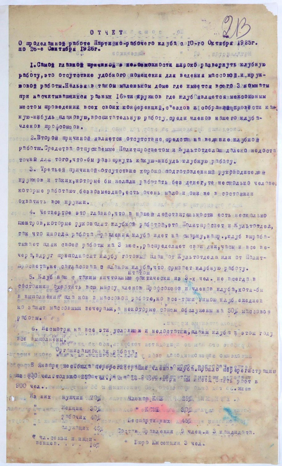 Отчет о проделанной работе партийно-рабочего клуба с 10-го октября 1925г. по 26-е сентября 1926г.-с. 0