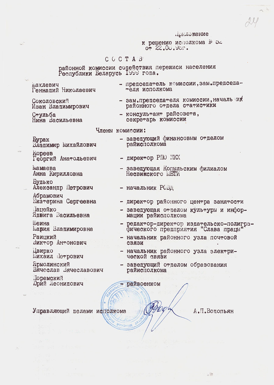 Решение №52 Копыльского районного исполнительного комитета «О подготовке и проведении в 1999 году переписи населения Республики Беларусь»-с. 1