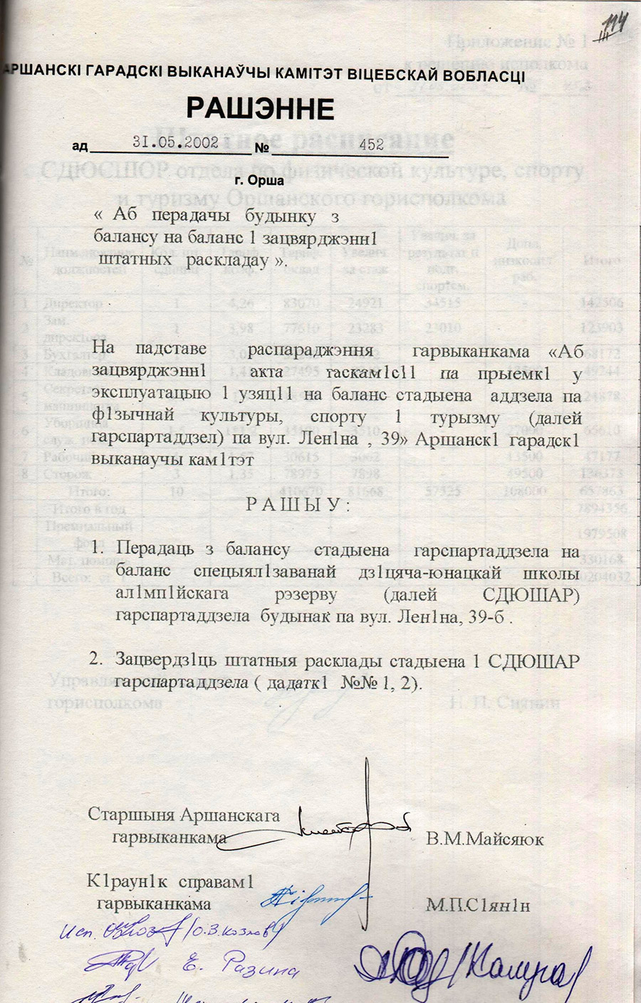 Решение Оршанского городского исполнительного комитета от 31.05.2002 №452 о передаче здания по ул. Ленина, 39б, на баланс специализированной детско-юношеской школы олимпийского резерва, утверждении штатных расписаний стадиона и специализированной детско-юношеской школы олимпийского резерва-с. 0