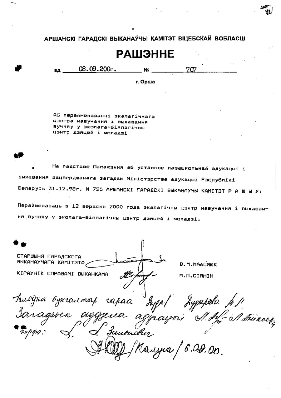 Решение Оршанского городского исполнительного комитета от 08.09.2000 №707 о переименовании экологического центра обучения и воспитания в эколого-биологический центр детей и молодежи с 12.09.2000-стр. 0