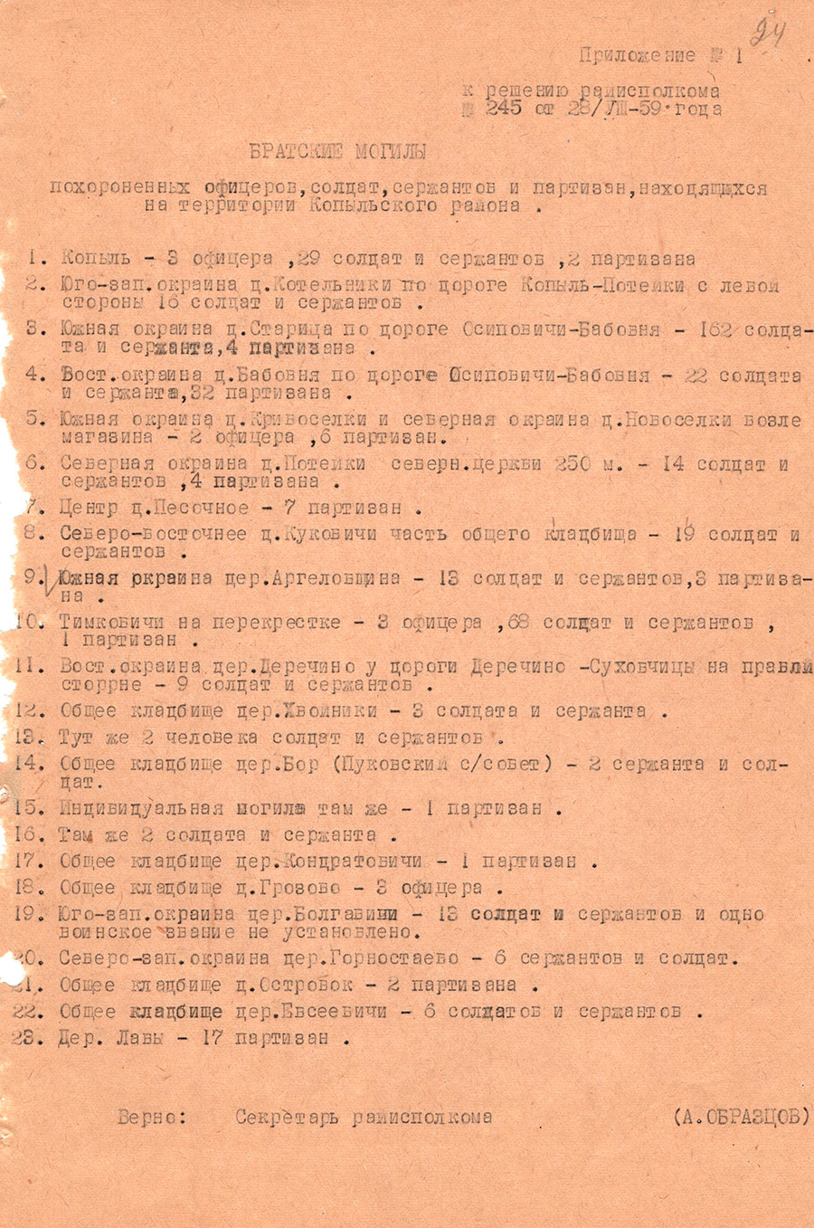 Решение №251 исполкома Копыльского районного Совета депутатов трудящихся «О благоустройстве могил воинов Советской армии и партизан и увековечении памятных мест боев с немецко-фашистскими захватчиками в годы Великой Отечественной войны 1941-1945 гг.»-с. 2